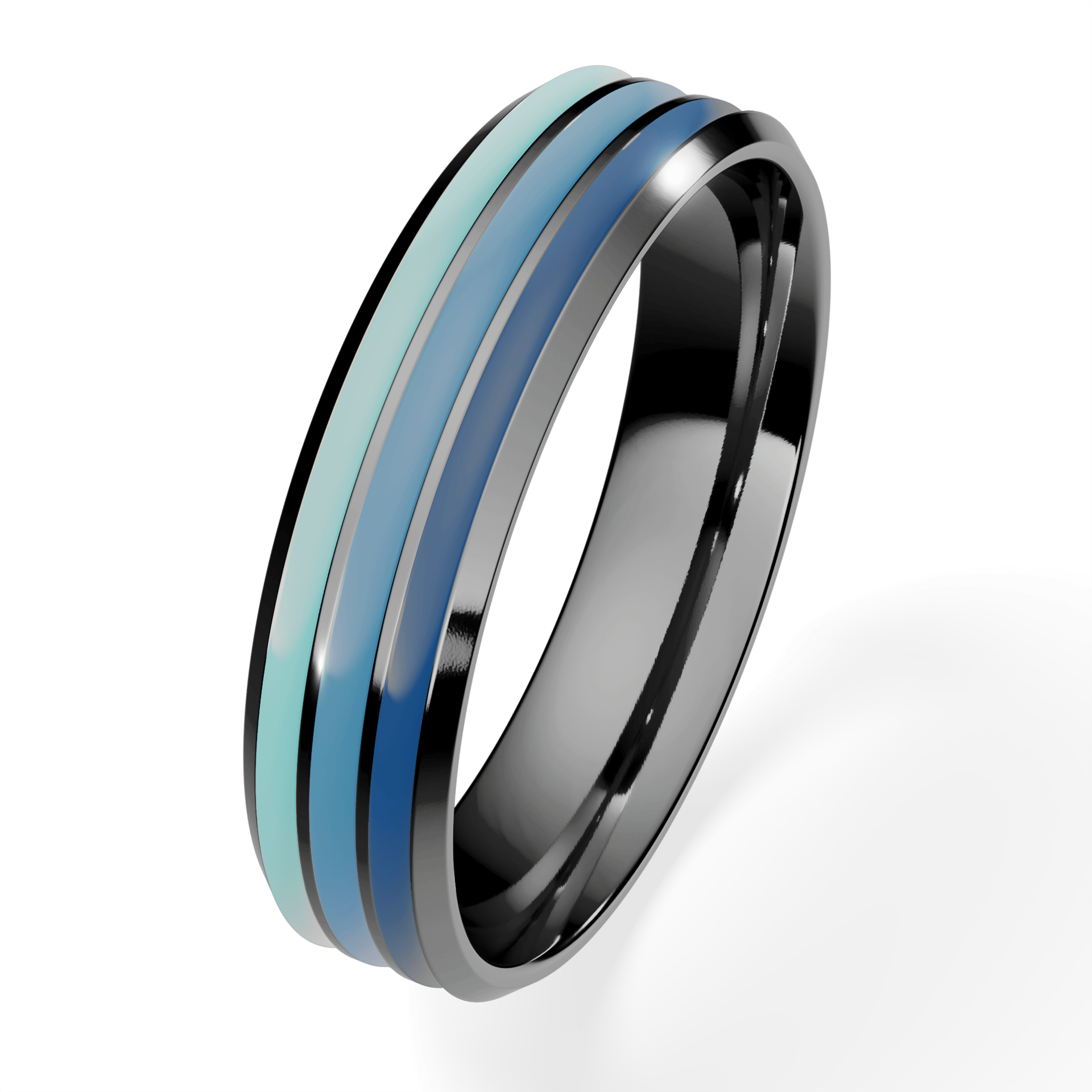 Obrączka z niebieską emalią trzykolorowa fazowana z czarnego złota 4,5mm