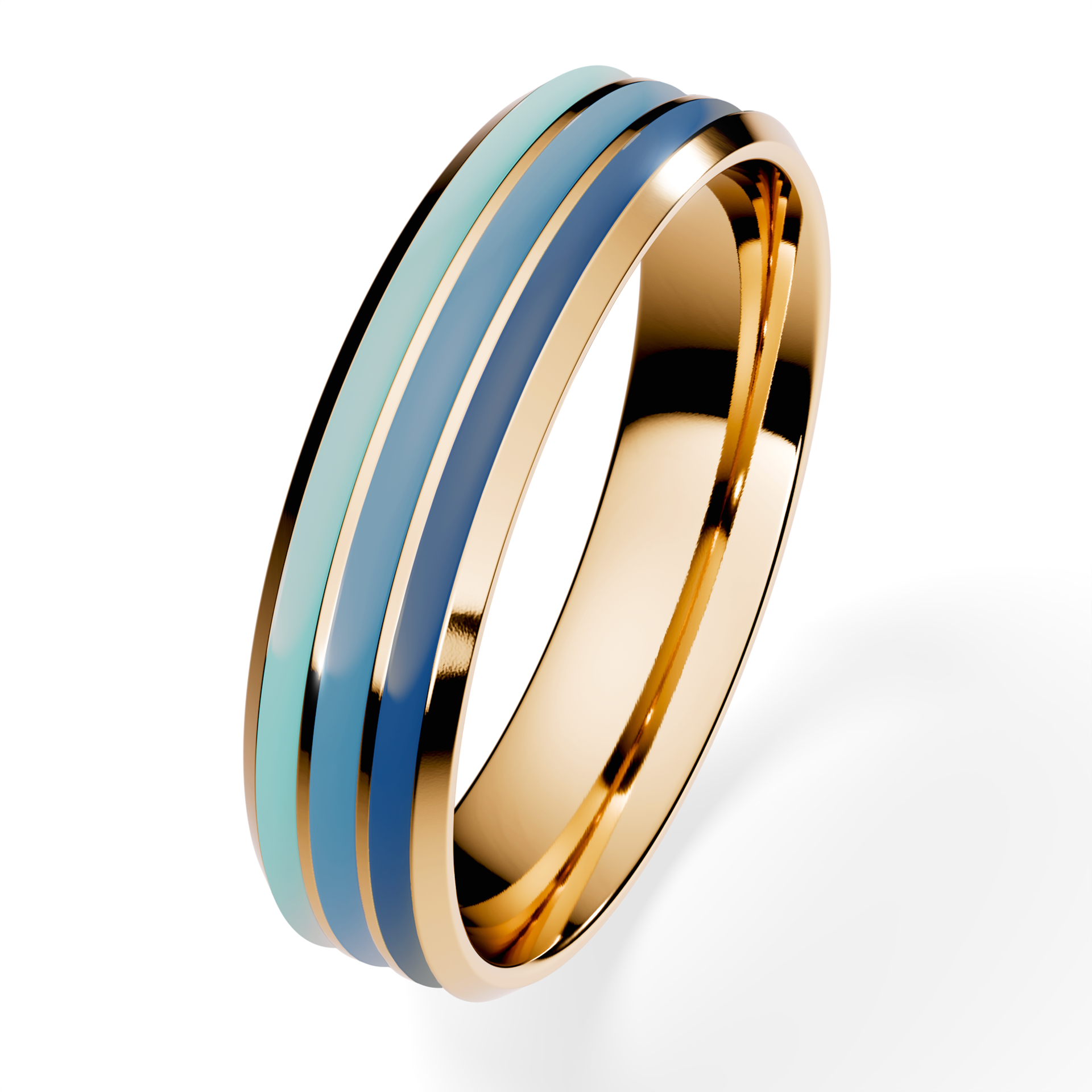 Obrączka z niebieską emalią fazowana trzykolorowa z żółtego złota 4,5mm