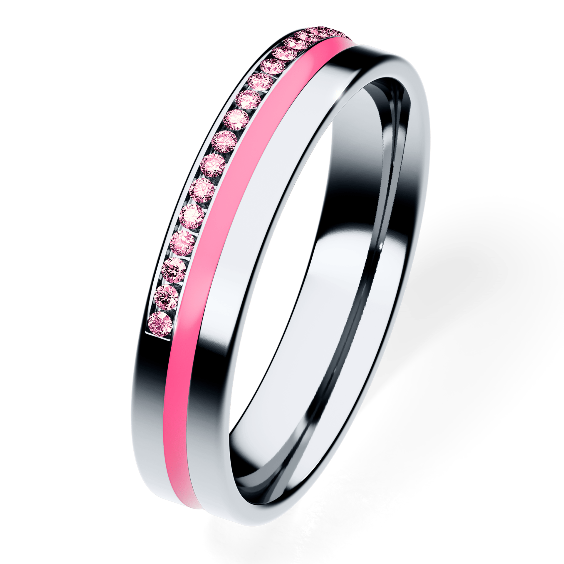Obrączka z różową emalią z białego złota 4mm z różowym diamentem laboratoryjnym 0,10ct