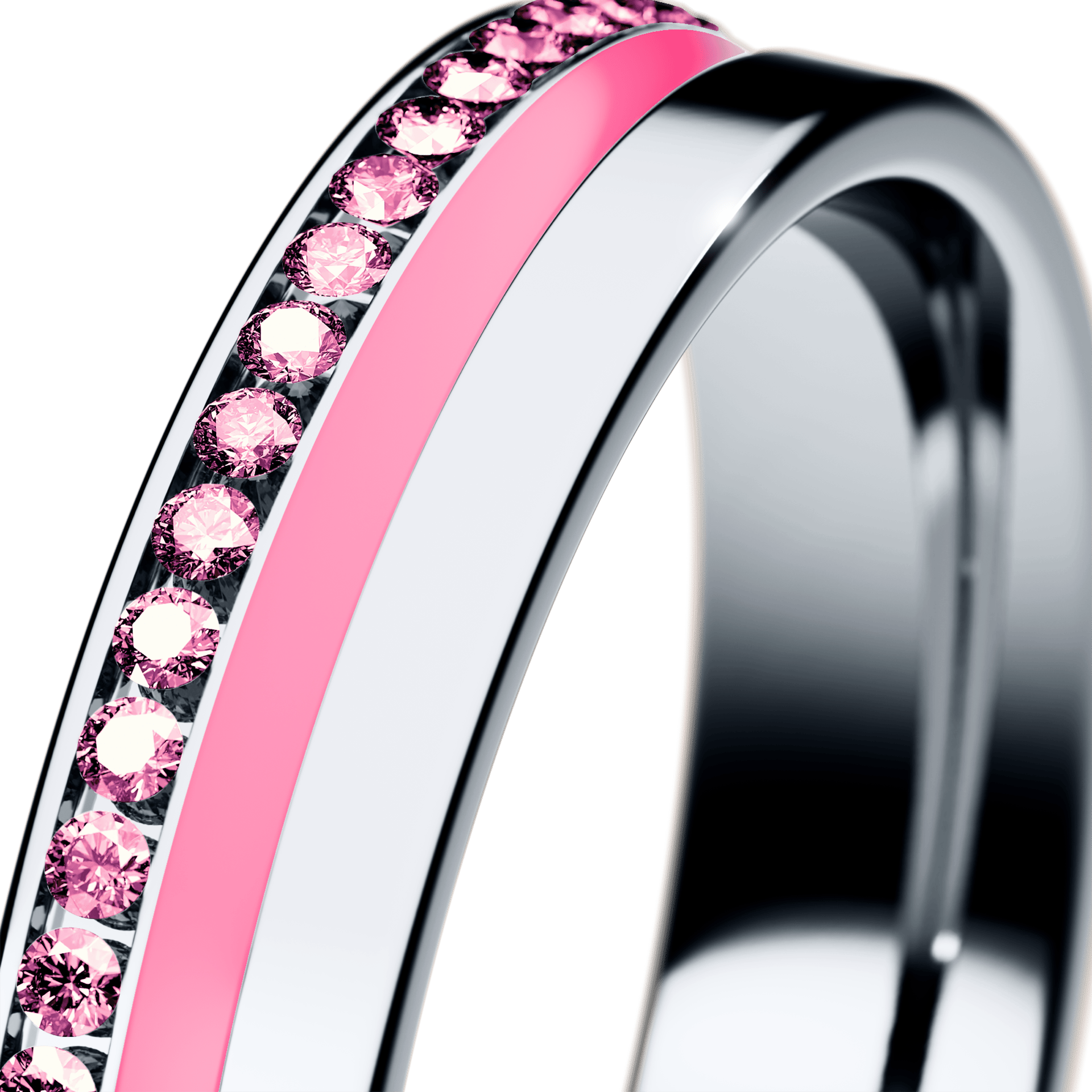 Obrączka z różową emalią z białego złota 4mm z różowym diamentem laboratoryjnym 0,10ct