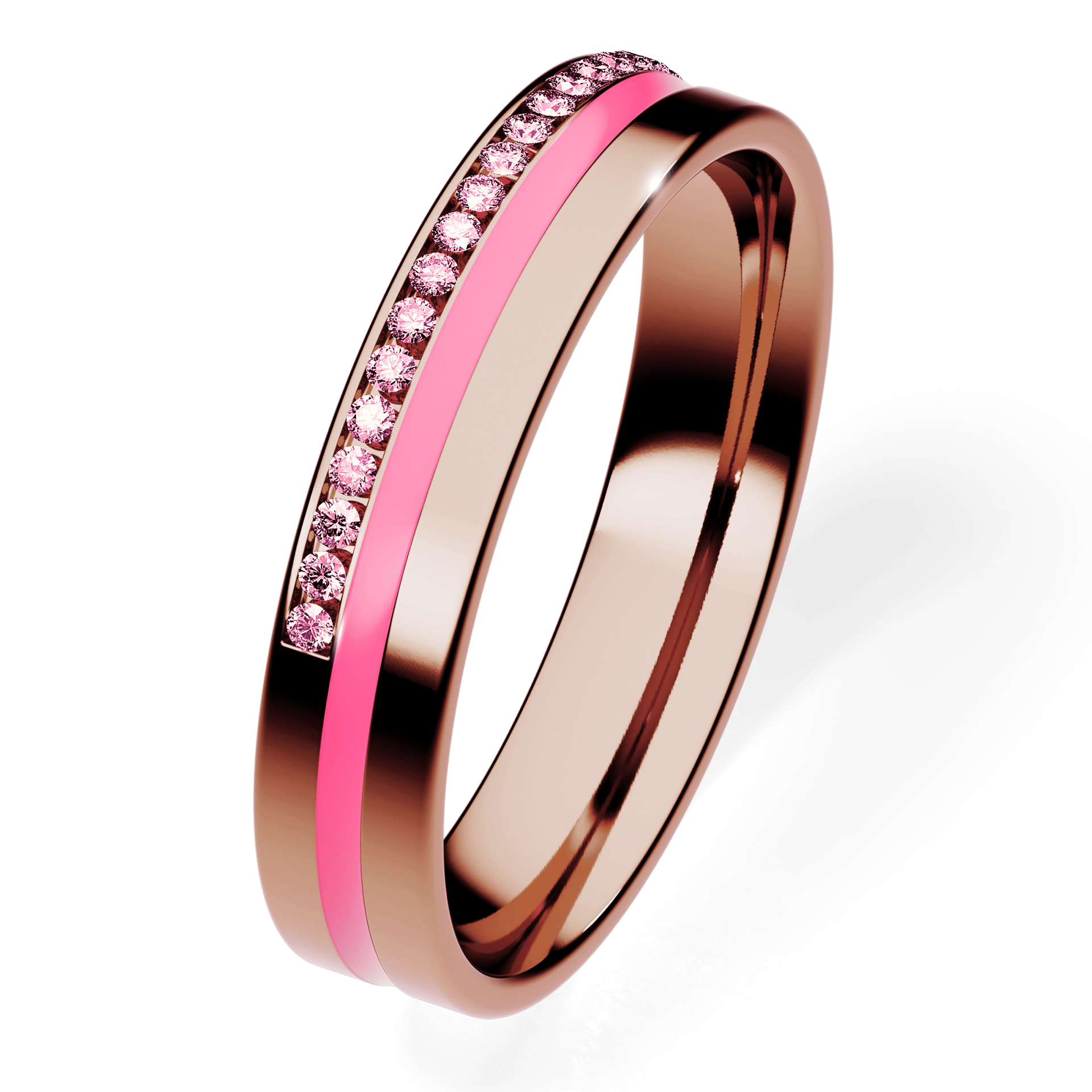 Obrączka z różową emalią z różowego złota 4mm z różowym diamentem laboratoryjnym 0,10ct