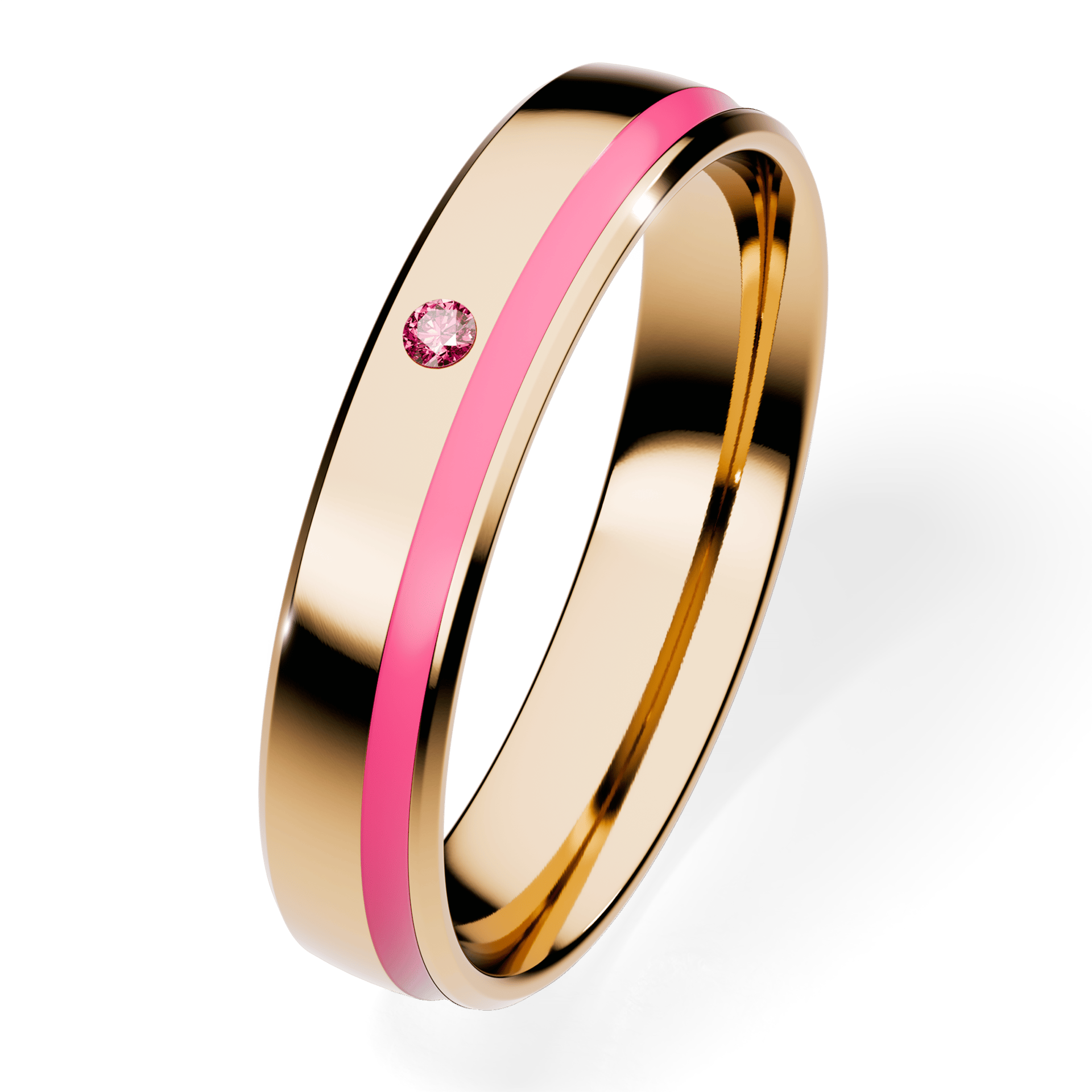 Obrączka z różową emalią z żółtego złota 4mm z różowym diamentem laboratoryjnym