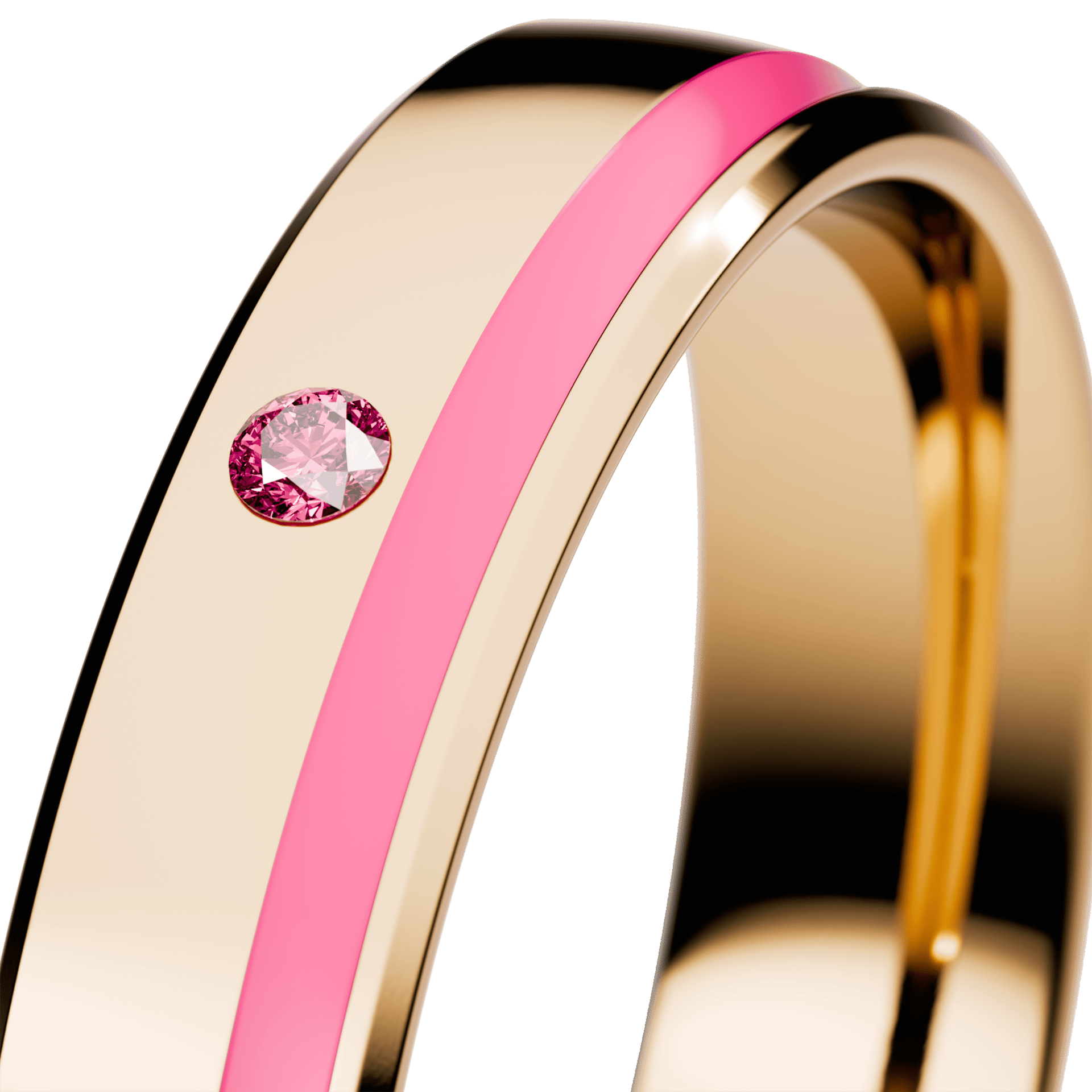 Obrączka z różową emalią z żółtego złota 4mm z różowym diamentem laboratoryjnym