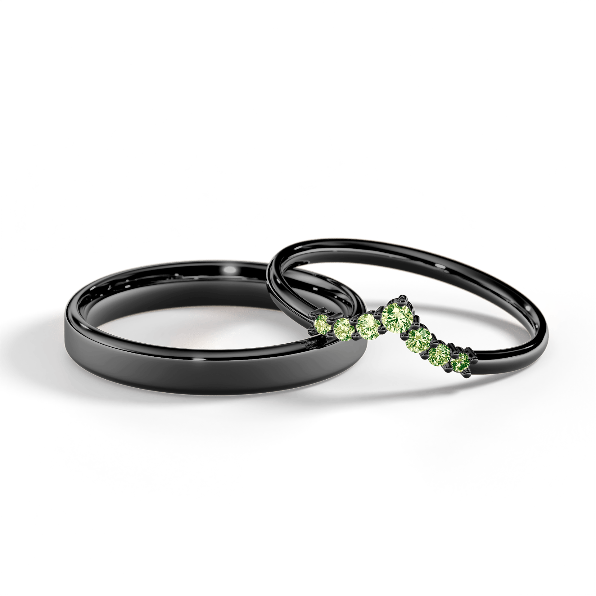 Obrączka z diamentami Love z czarnego złota z jasnym zielonym diamentem laboratoryjnym