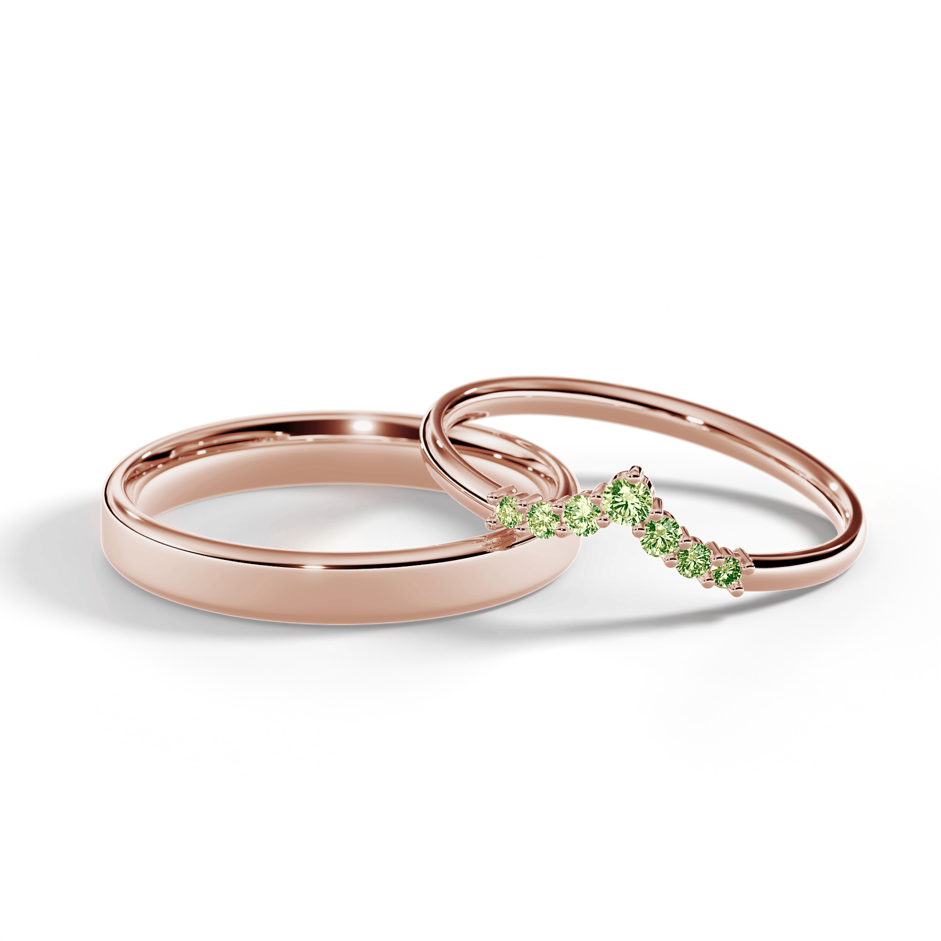Obrączka z diamentami Love z różowego złota z jasnym zielonym diamentem laboratoryjnym