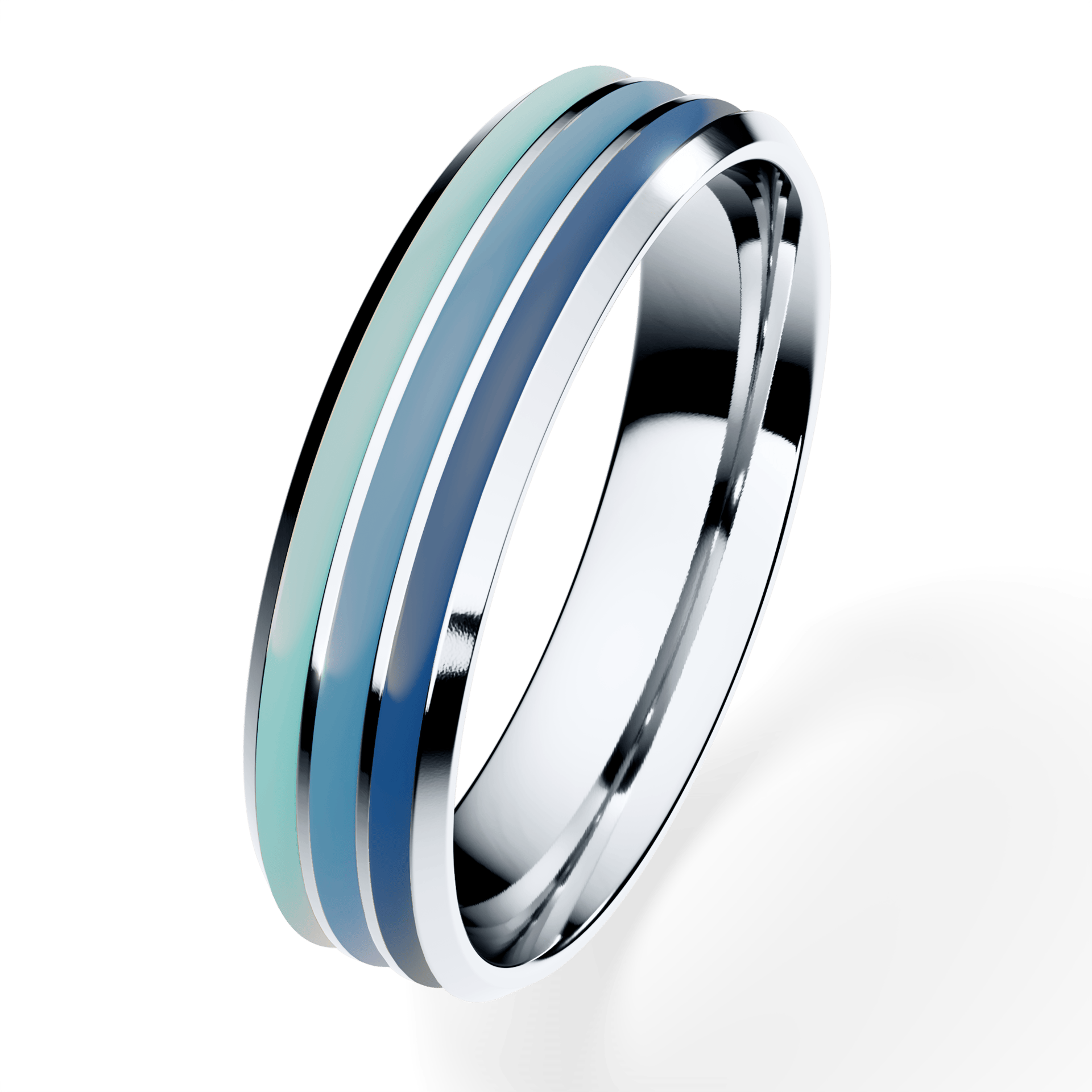 Obrączka z niebieską emalią fazowana trzykolorowa z białego złota 4,5mm