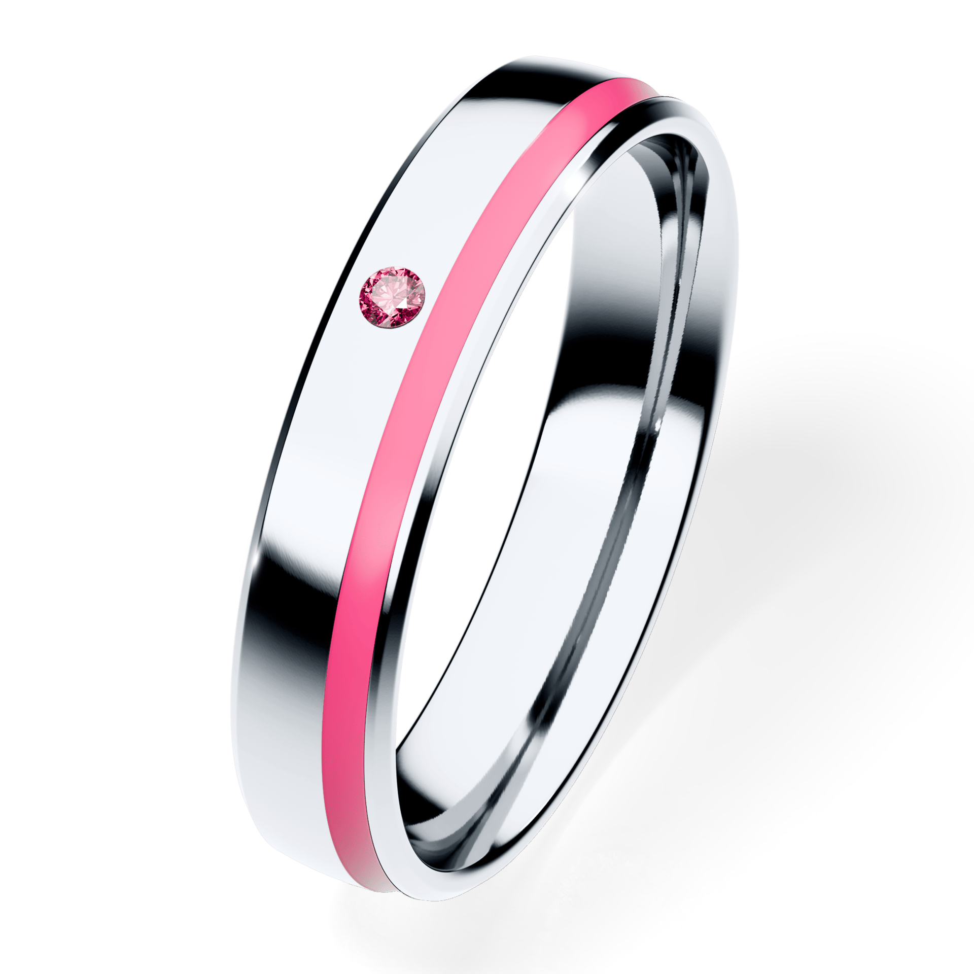 Obrączka z różową emalią  z białego złota 4mm z różowym diamentem laboratoryjnym