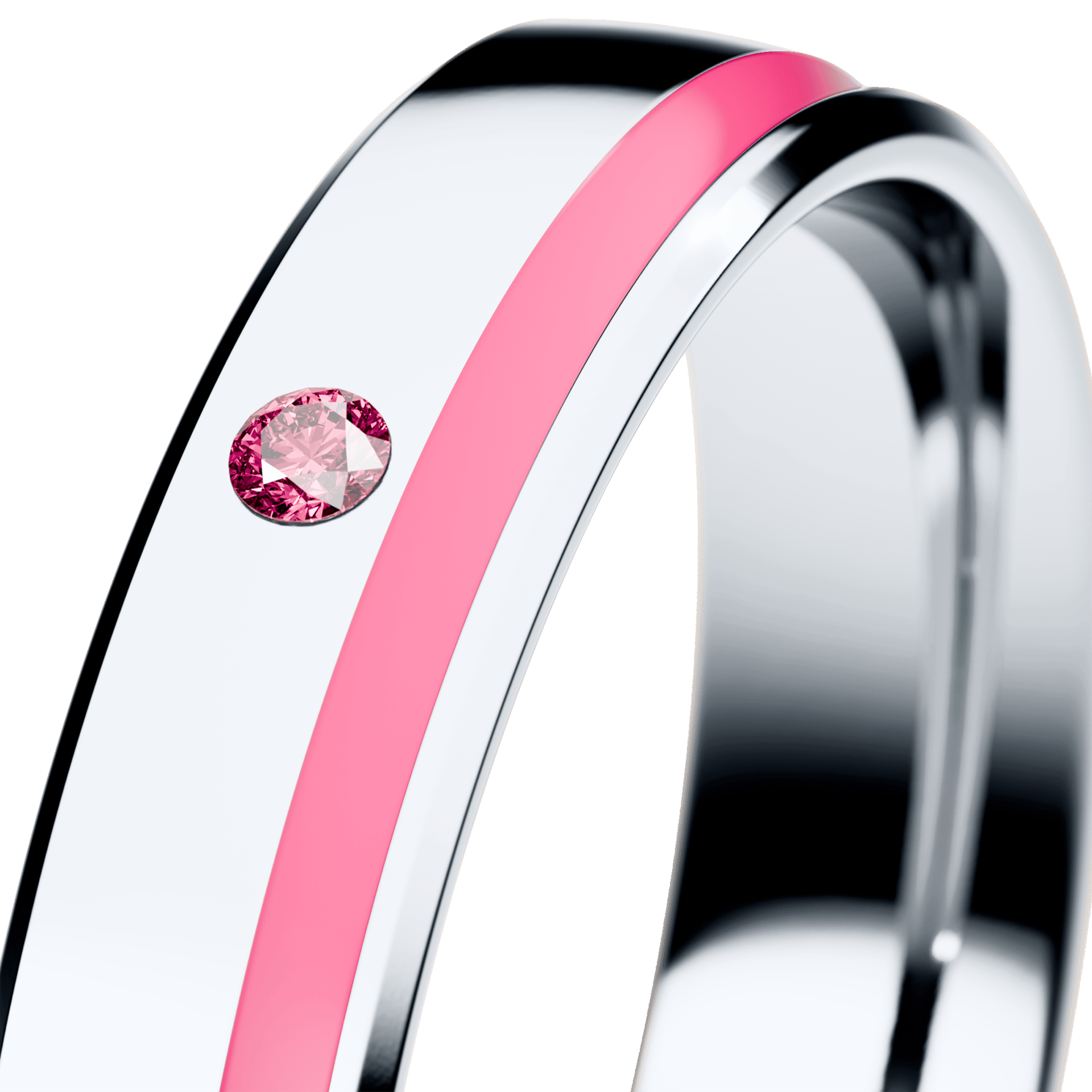 Obrączka z różową emalią  z białego złota 4mm z różowym diamentem laboratoryjnym