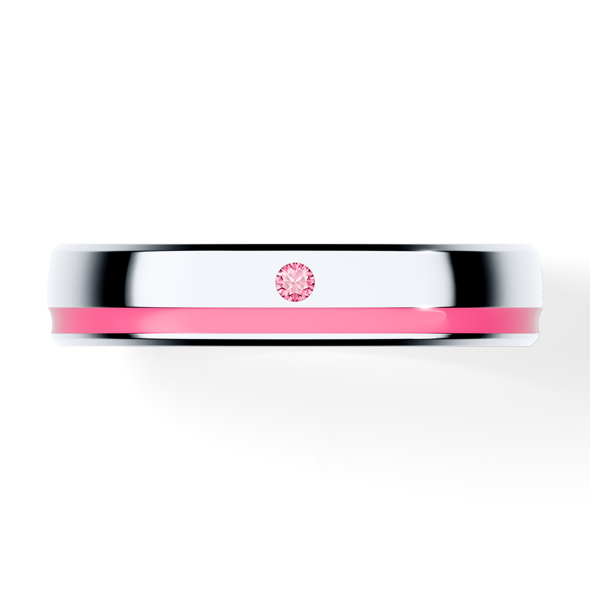 Obrączka z różową emalią  z białego złota 4mm z różowym diamentem laboratoryjnym