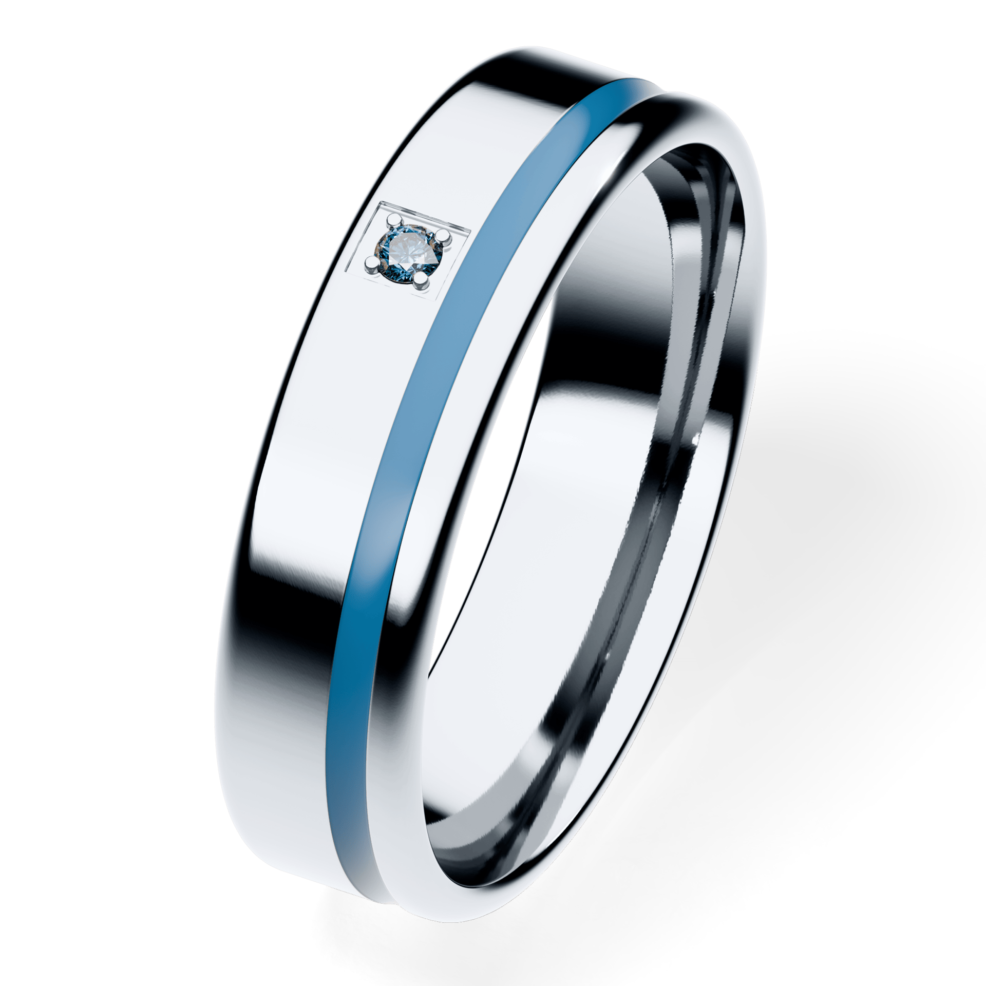 Obrączka z błękitną emalią z białego złota 4,5mm z niebieskim diamentem laboratoryjnym