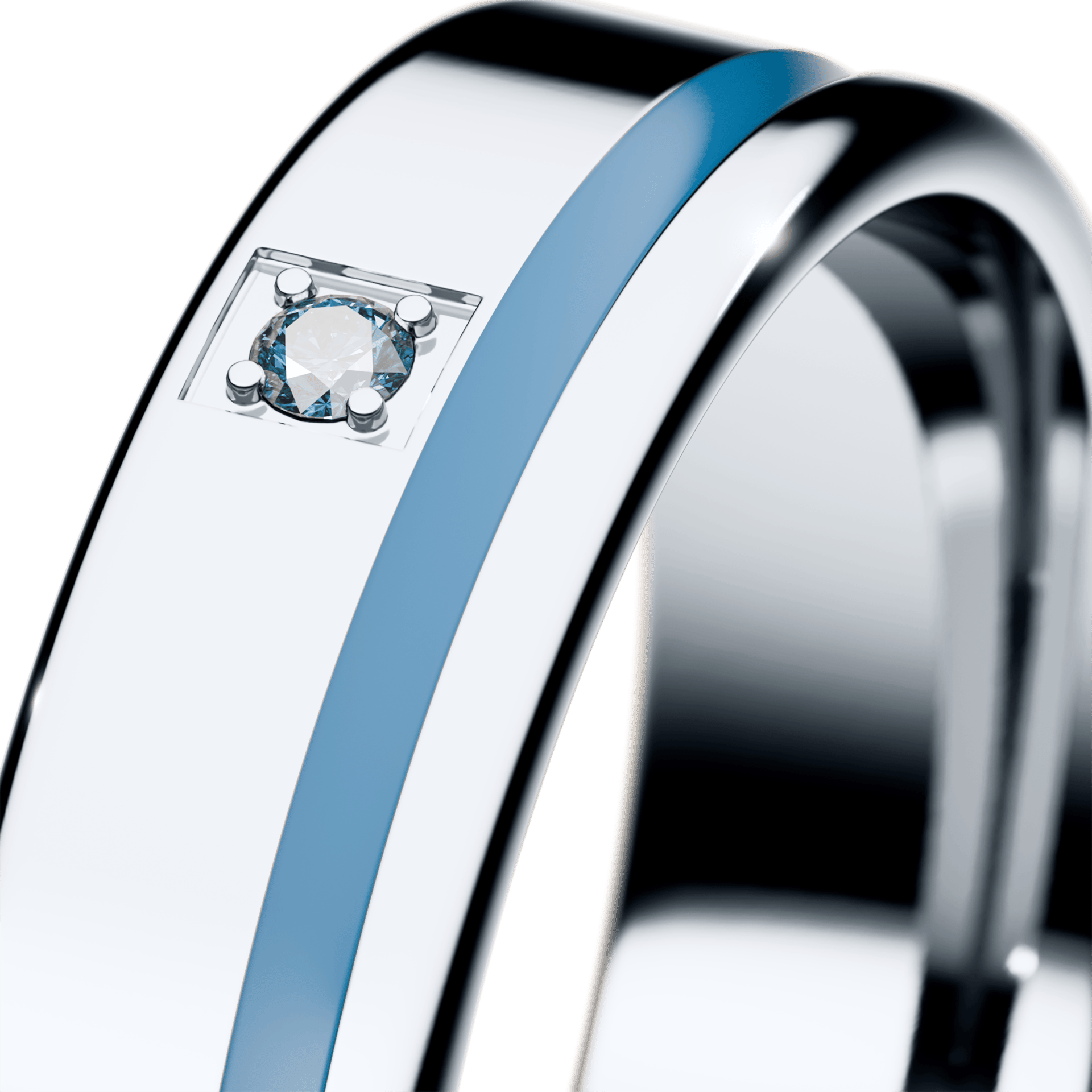 Obrączka z błękitną emalią z białego złota 4,5mm z niebieskim diamentem laboratoryjnym