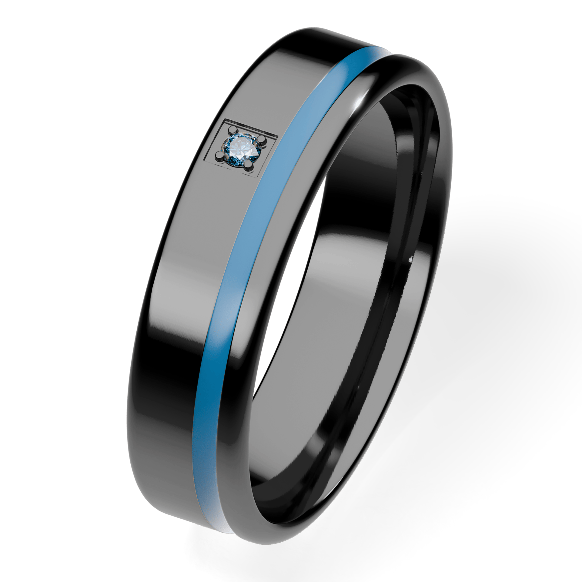 Obrączka z błękitną emalią z czarnego złota 4,5mm z niebieskim diamentem laboratoryjnym