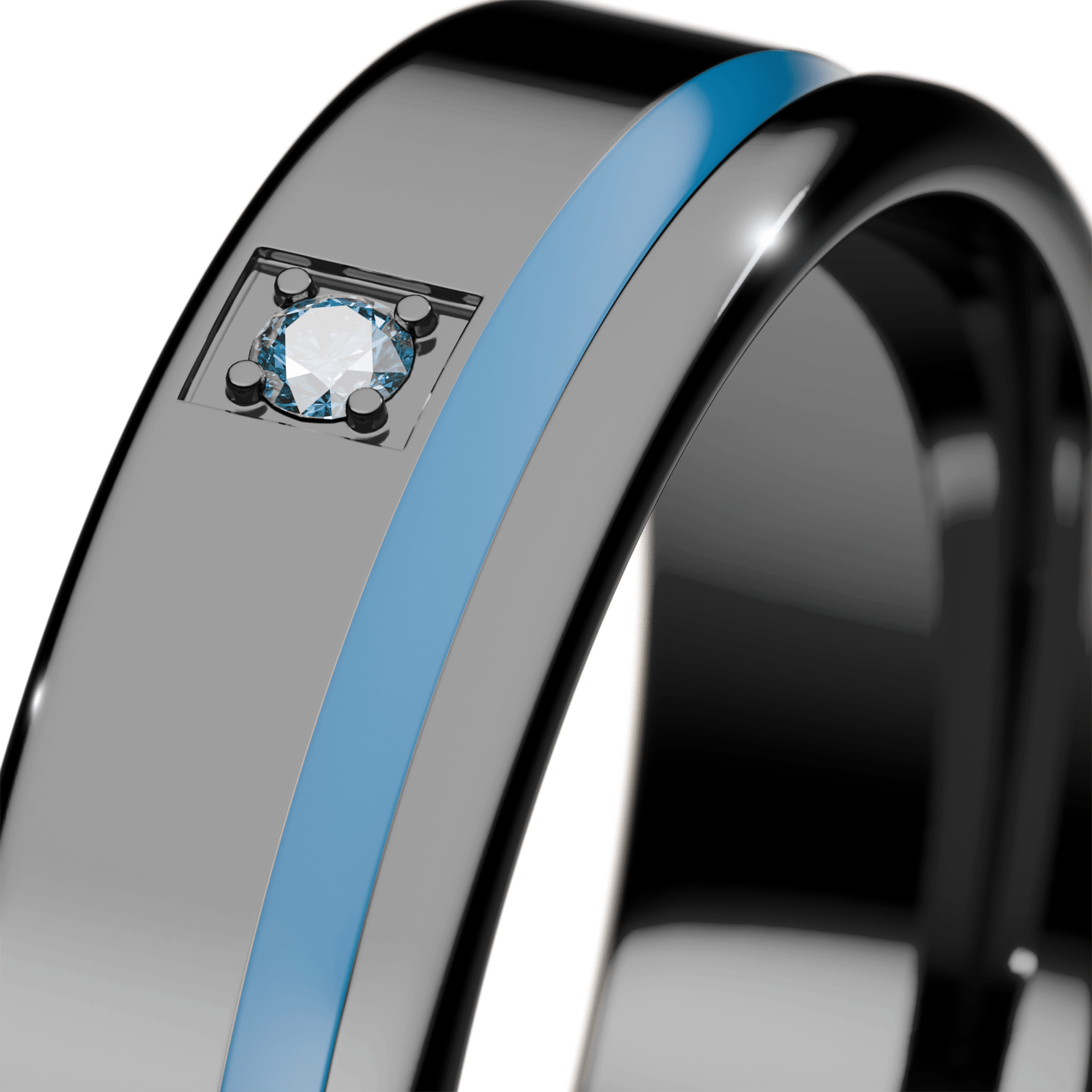 Obrączka z błękitną emalią z czarnego złota 4,5mm z niebieskim diamentem laboratoryjnym