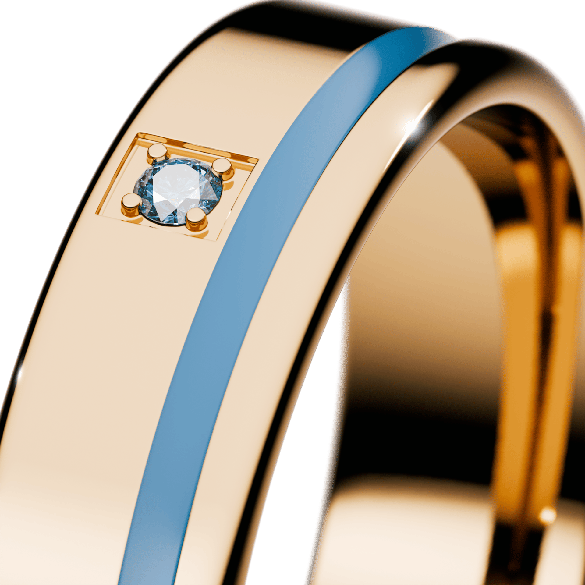 Obrączka z błękitną emalią z żółtego złota 4,5mm z niebieskim diamentem laboratoryjnym