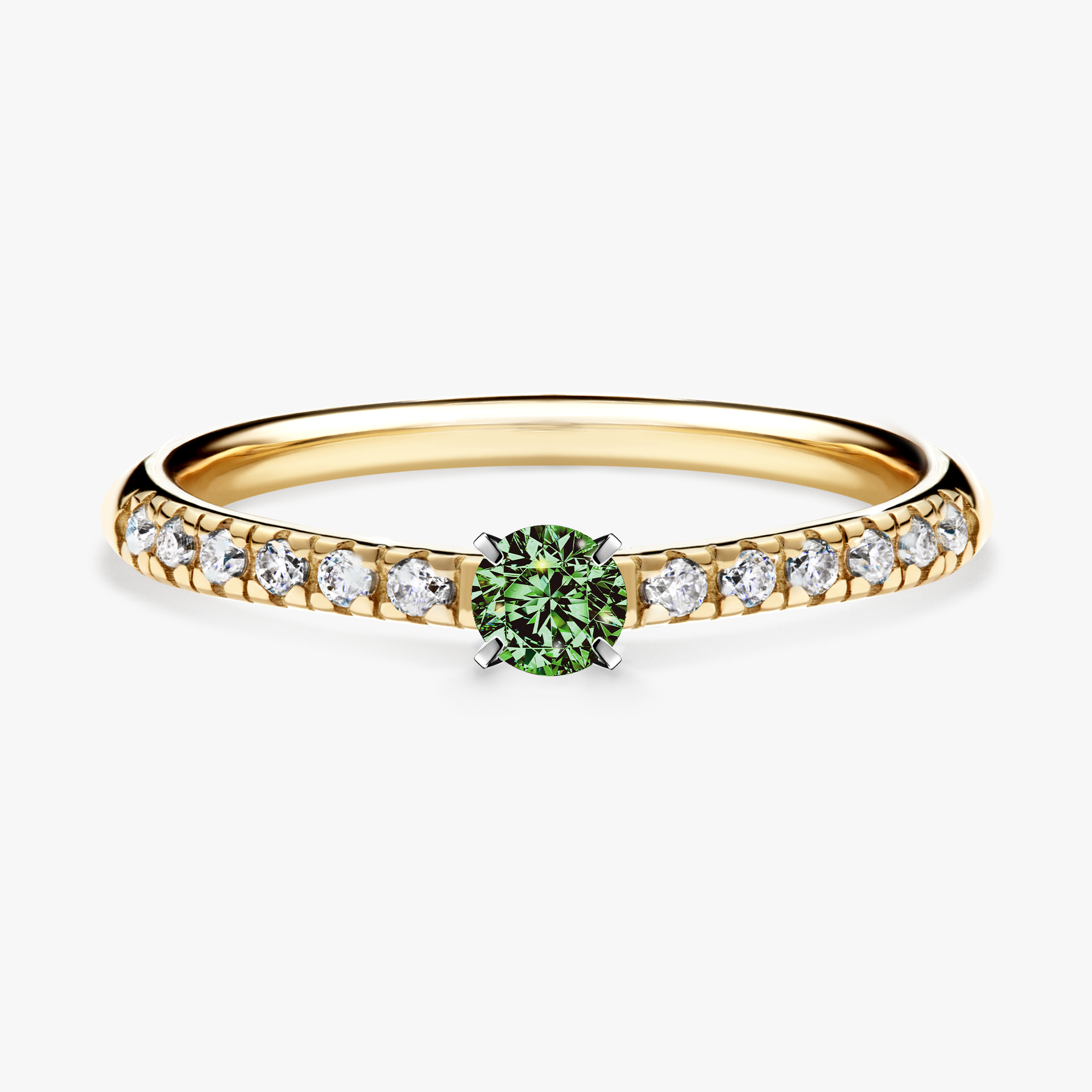 Pierścionek zaręczynowy My Sunshine z żółtego złota z ciemnym zielonym diamentem 0,24ct
